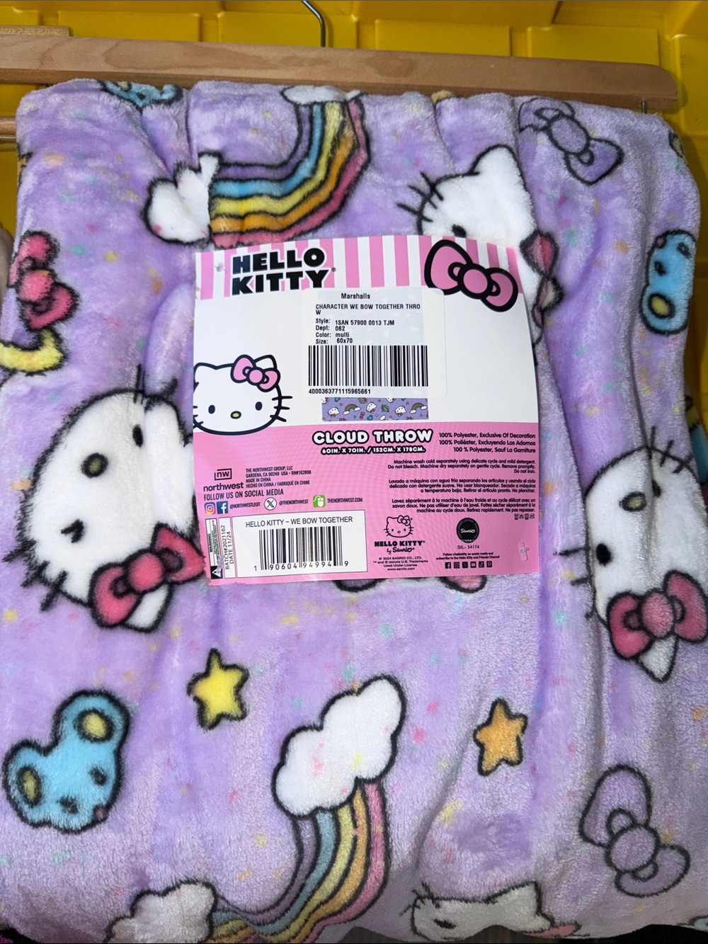 Hello Kitty Lavender Cloud Throw Blanket with Rainbows and Stars 50”x 70”